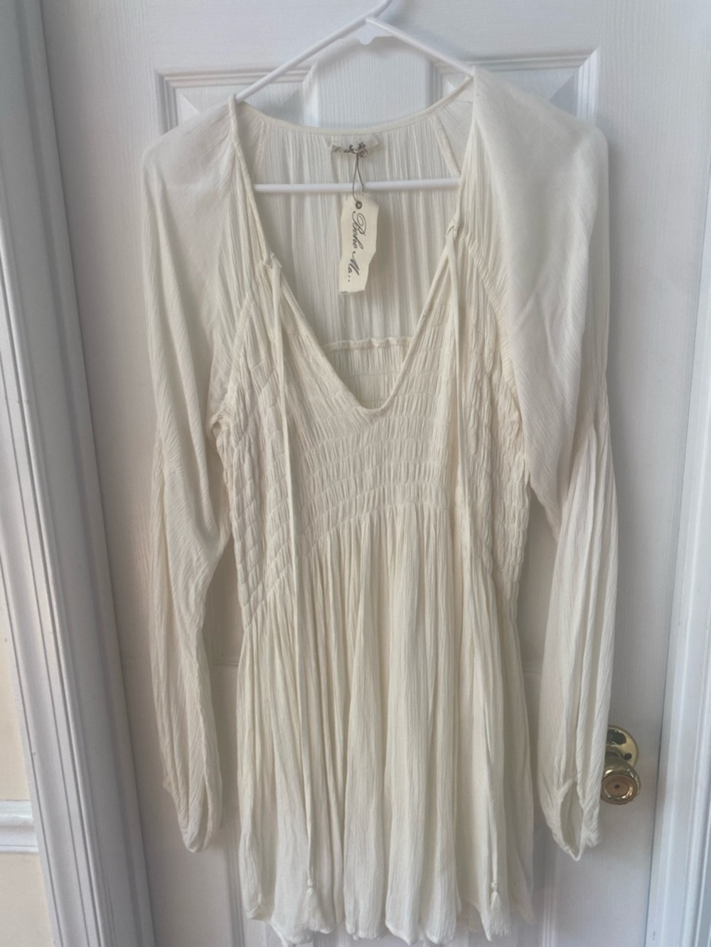 Cream Long-Sleeve V-Neck Smocked Dress